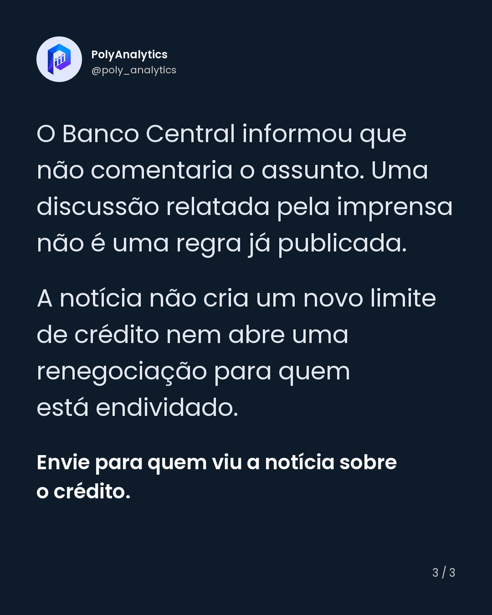 Poly_analytics's tweet photo. O assunto é o crédito. A diferença está no estágio da medida. 💳 Em reportagem de 20/10, a Reuters relata que o BC discute ações para conter o endividamento, com foco nas responsabilidades dos bancos e na transparência das ofertas. #Crédito #Economia #BancoCentral https://t.co/6GiD8YTKVX
