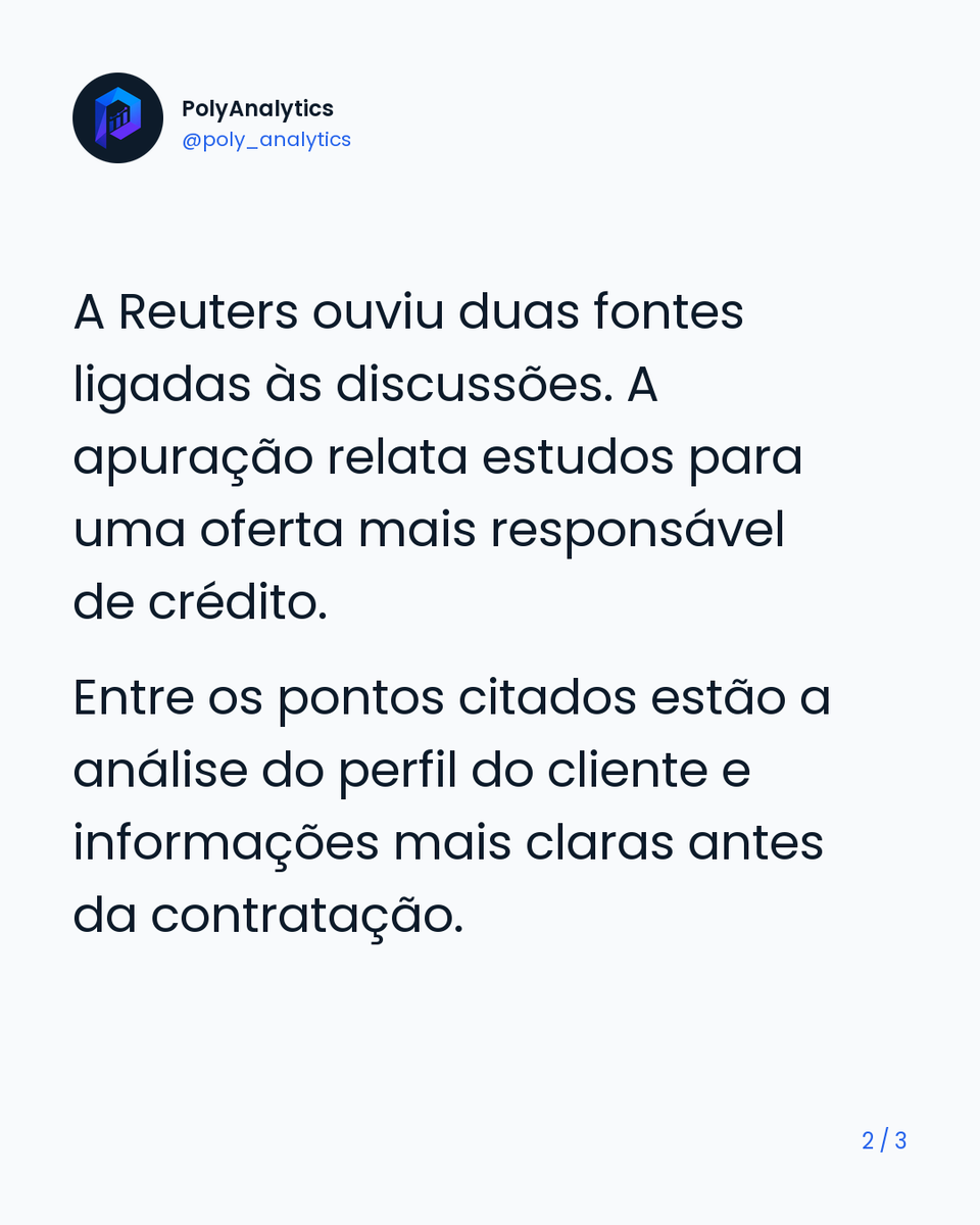 Poly_analytics's tweet photo. O assunto é o crédito. A diferença está no estágio da medida. 💳 Em reportagem de 20/10, a Reuters relata que o BC discute ações para conter o endividamento, com foco nas responsabilidades dos bancos e na transparência das ofertas. #Crédito #Economia #BancoCentral https://t.co/6GiD8YTKVX
