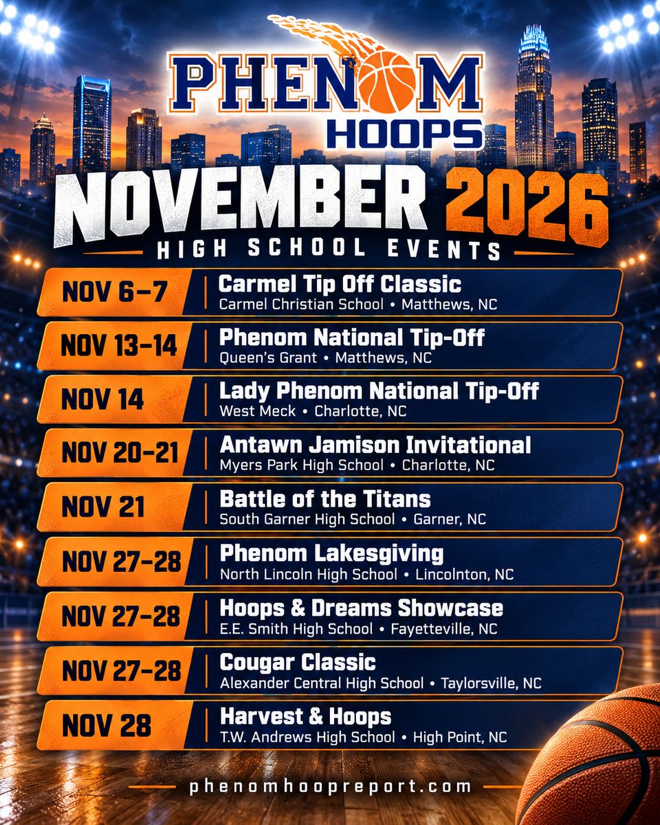 Phenom_Hoops's tweet photo. November hoops are almost here! Nine Phenom Hoops high school events featuring exciting matchups and talent from around the region.

Check out the lineup, mark your calendars, and join us in the gym!

Details: https://t.co/amI0n6LzYj

#PhenomHoops https://t.co/Y5DdiQedSp