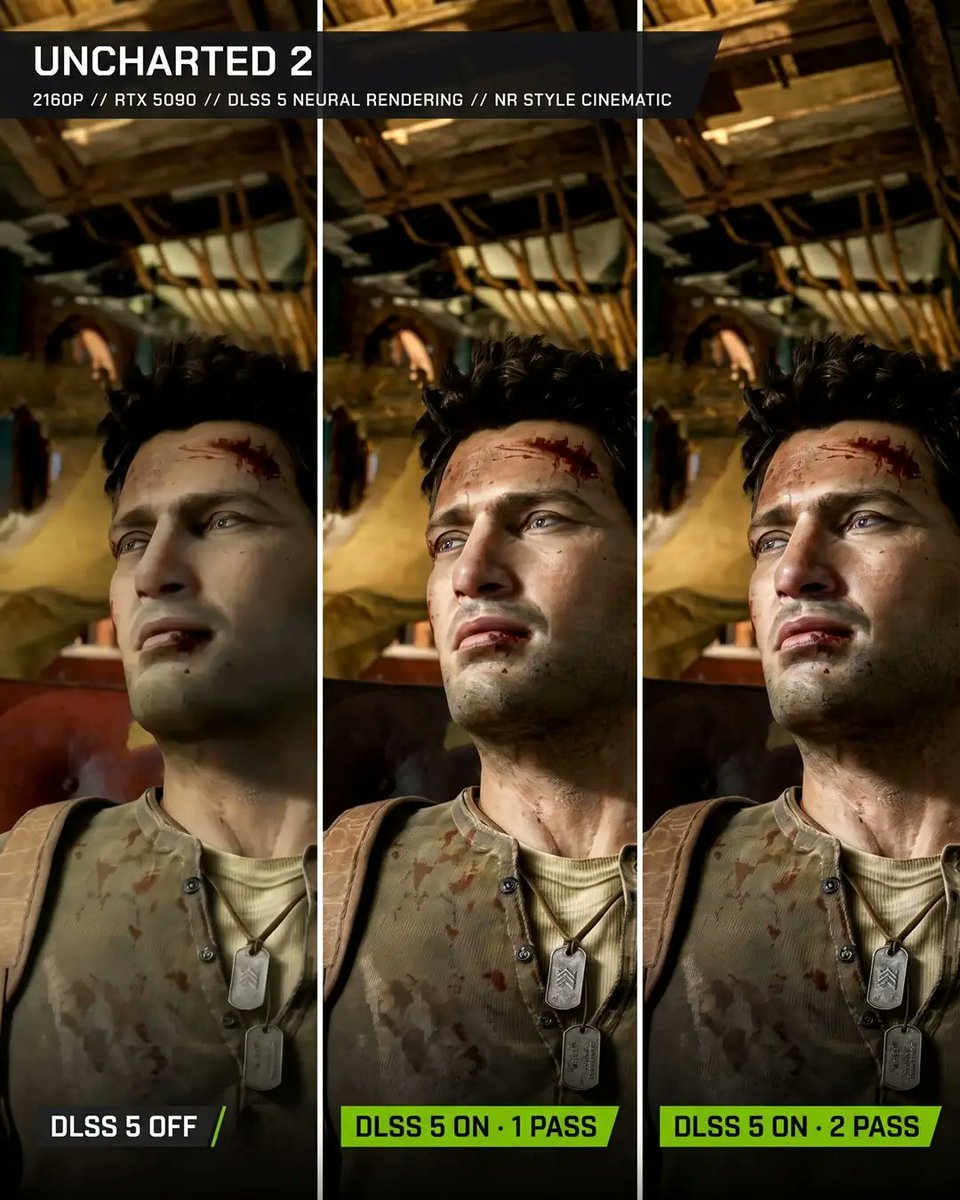 GameGPU_com's tweet photo. https://t.co/076q5PdtE2

An experimental NVIDIA DLSS 5 Neural Rendering demonstration has appeared for Uncharted 2: Among Thieves. Enthusiasts reportedly used an unofficial PC version and compared native 4K visuals with Cinematic 1 Pass and 2 Pass processing. The test system featured a GeForce RTX 5090 and Ryzen 7 9800X3D.

Neural processing noticeably changes Nathan Drake and other characters, adding detail to skin, hair and clothing. The effect is stronger with 2 Pass, although reconstruction may also alter the original character designs and scene lighting.

This is not an official Sony or Naughty Dog patch. The demonstration provides no verified frame rate, latency or motion stability results. It illustrates the visual potential of the technology but does not prove universal compatibility with older games or that integration requires no software changes.

#NVIDIA #DLSS5 #NeuralRendering #Uncharted2 #RTX5090 #NaughtyDog #Gaming