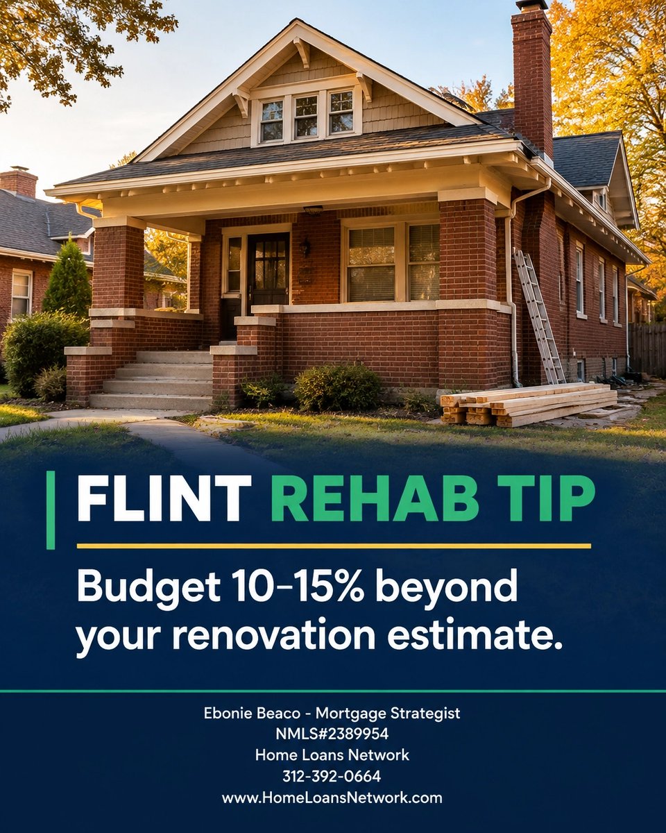 HomeLoansWork's tweet photo. Flint flips: verify comps, pad bids 10-15%, allow for permits and draws, and match your exit to the loan. ARV is no guarantee. Run full rehab numbers. #FlintMichigan #FixAndFlip #RenovationFinancing #RealEstateInvesting https://t.co/mPZ9BxsZBz