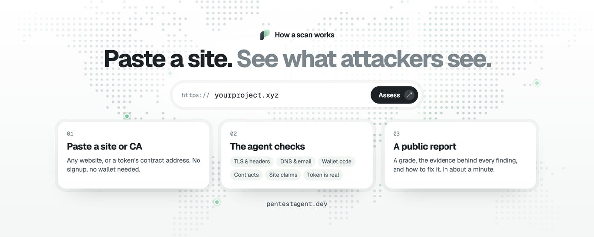 PentestAgent's tweet photo. Before you ape, paste the link.

In about a minute you'll know:
→ is this token really the project's, or a copycat?
→ is the website safe to connect a wallet to?
→ are the claims on the site actually true?

No signup. No wallet. Just a public report anyone can check.

https://t.co/k911q0CPX2