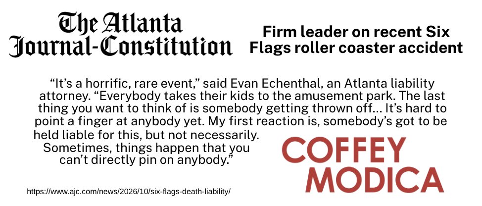 ButlerPR's tweet photo. @CoffeyModicaLLP’s Georgia office leader Evan Echenthal speaks to @ajc on legal issues surrounding the recent Six Flags Over Georgia roller coaster accident, where a rider died after being ejected from his seat.

#CoffeyModica #LiabilityLaw #Atlanta #SixFlags https://t.co/c6RxdOFXt4