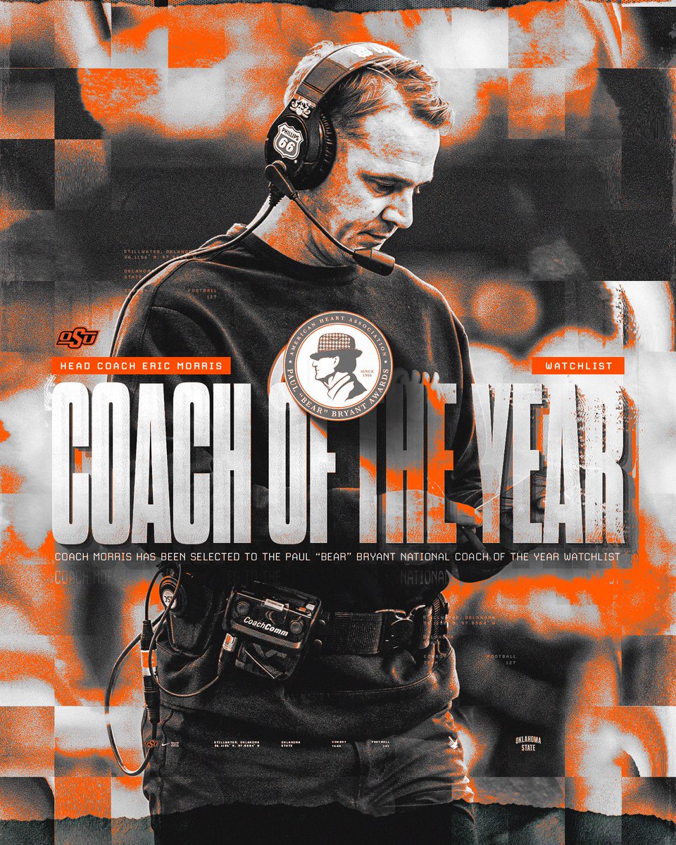 CowboyFB's tweet photo. Coach Morris has been named to the Paul “Bear” Bryant National Coach of The Year Watchlist 🤠

Story ➡️ https://t.co/9k62mewm8Q https://t.co/eSszFEcjGC