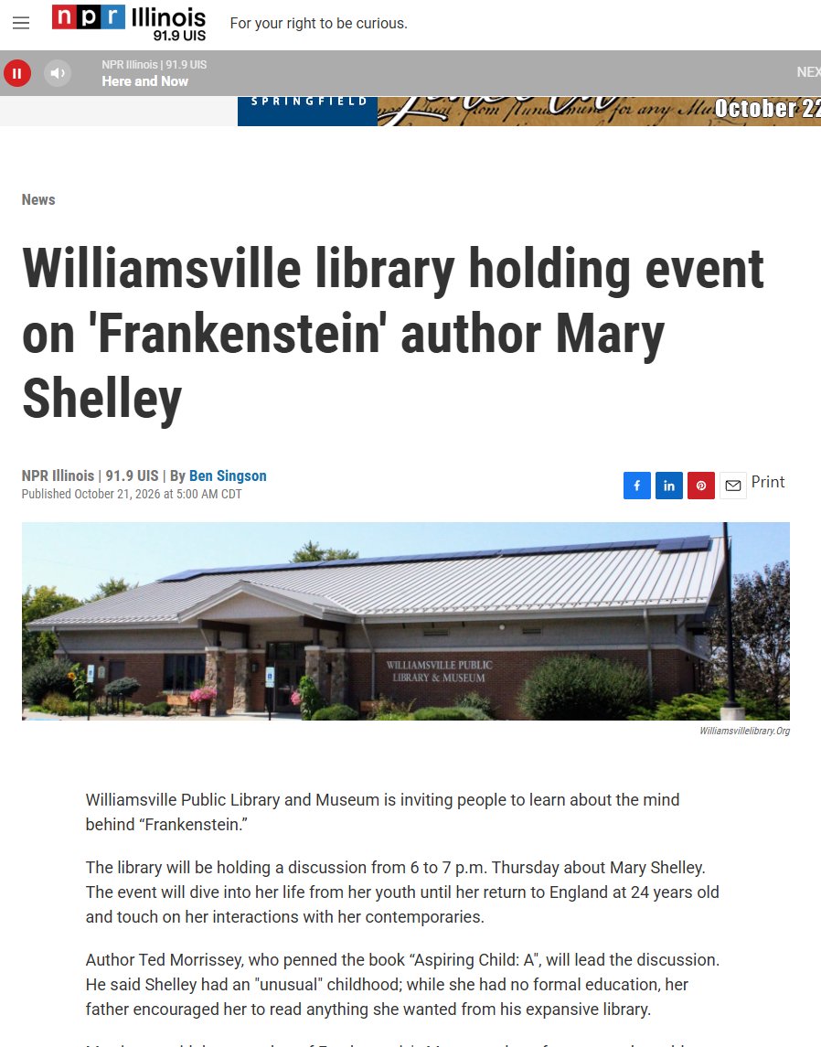 t_morrissey's tweet photo. I appreciate NPR Illinois / 91.9 UIS promoting my Mary Shelley talk tomorrow evening at Williamsville Public Library and Museum - already have a nice size group registered - registration encouraged but not required https://t.co/T45rDaGtPR https://t.co/BnvvSVkV0k