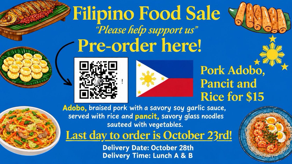 sfcawolves's tweet photo. The Filipino Club is hosting a food sale fundraiser! Place your pre-orders for plates of delicious pork adobo, pancit, and rice served at A and B Lunch on Oct. 28 for only $15 at this link. Deadline to order is Friday! https://t.co/7iwUObmhAe #SFCA #GoWolves https://t.co/imqvra9oXb