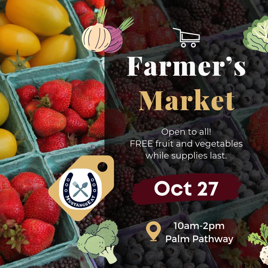 NorcoCollege's tweet photo. 🌽🍂 Mark your calendars for the Farmer's Market on October 27! 🎉 Join us from 10 AM to 2 PM at the Palm Pathway for a wonderful array of fresh produce, local vendors, and community organizations! 🥕🍏 #BasicNeeds #FarmersMarket https://t.co/xy4fsIKypB