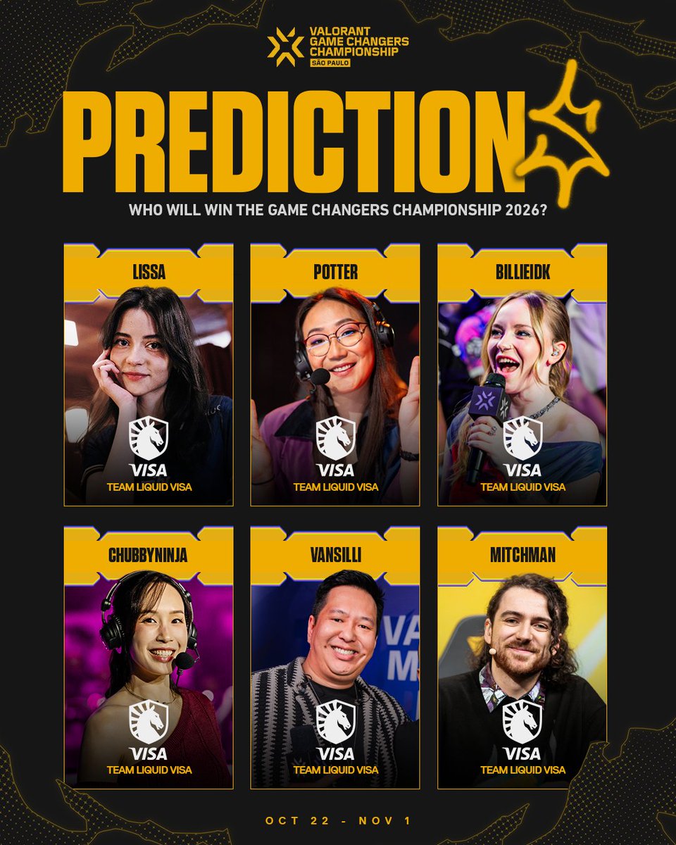 ValorantEsports's tweet photo. The on air-talent got full faith in @TeamLiquidBR VISA. Who do you got? 👀 #VCTGameChangers https://t.co/8Yy5j0S73O