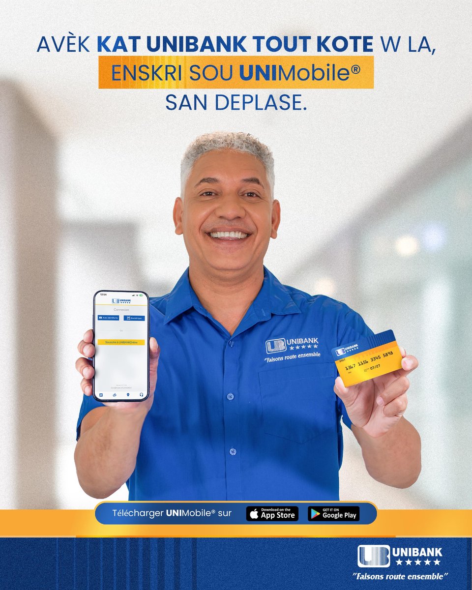 UBHaiti's tweet photo. Ou gen kat debi Unibank Tout Kote a ? Eske w konnen ou ka telechaje UniMobile epi sèvi ak kat la pou enskri san w pa bezwen deplase ? Senp, rapid epi fasil.
#UnibankHaiti #FaisonsRouteEnsemble #UniMobile #unibankonline https://t.co/hnMYv0Ljzm