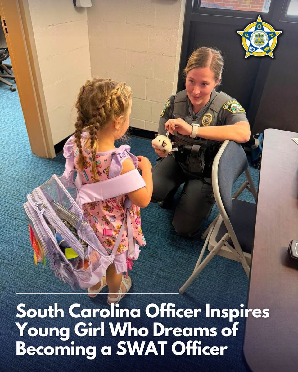 GLFOP's tweet photo. Sometimes, the smallest moments leave the biggest impression.

During a recent visit to South Conway Elementary, Horry County Police Cpl. Amy Cyr met Lawson, a young girl who dreams of becoming a SWAT officer one day. Lawson was thrilled to spend time with Cpl. Cyr, who showed her that the people behind the badge can make a lasting impact long before a future officer ever puts on a uniform.

A little kindness, a friendly conversation and a stuffed animal helped make this a moment Lawson won't soon forget.

Way to go, Cpl. Cyr, for encouraging the next generation and reminding us that the influence of a police officer reaches far beyond the calls they answer.

📸 Horry County Police Department
Used for informational purposes.

#LawEnforcement #CommunityPolicing #FutureOfficer #SouthCarolina #FOP