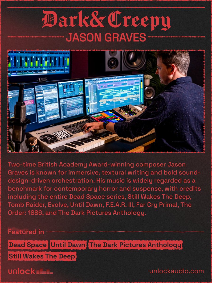 UnlockAudio's tweet photo. Players rarely remember every note.

They remember how impossible it was to relax.

Jason Graves composes music that transforms tension into unforgettable player experiences.

#GameAudio #GameDev https://t.co/GUvDR9Um2q