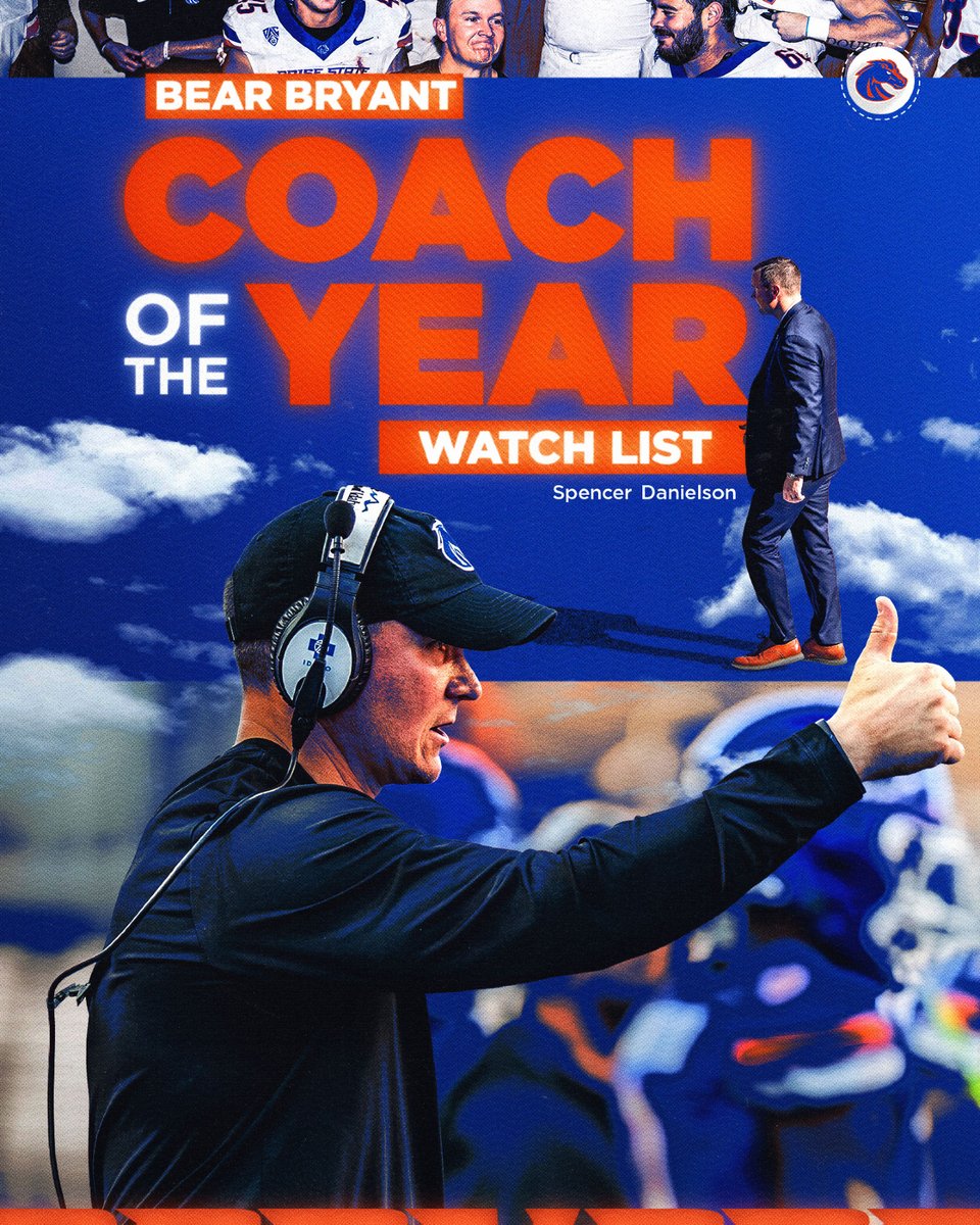 BroncoSportsFB's tweet photo. 𝗢𝗨𝗥 𝗚𝗨𝗬 👏

Spencer Danielson is one of 28 head coaches named to the 2026 Paul “Bear” Bryant Coach of the Year Award watch list!

#BleedBlue | #BuiltDifferent https://t.co/6osi2wSGKU