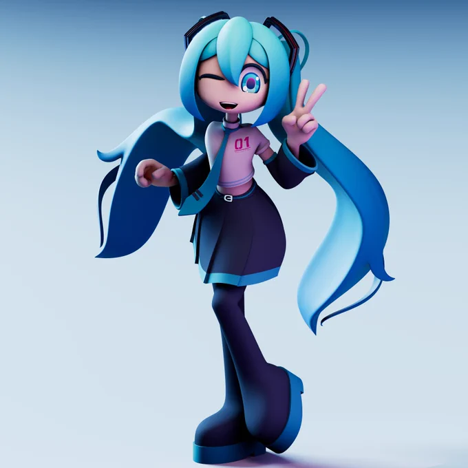 a human-like creature named "Hatsune Miku" hitting a random pose.