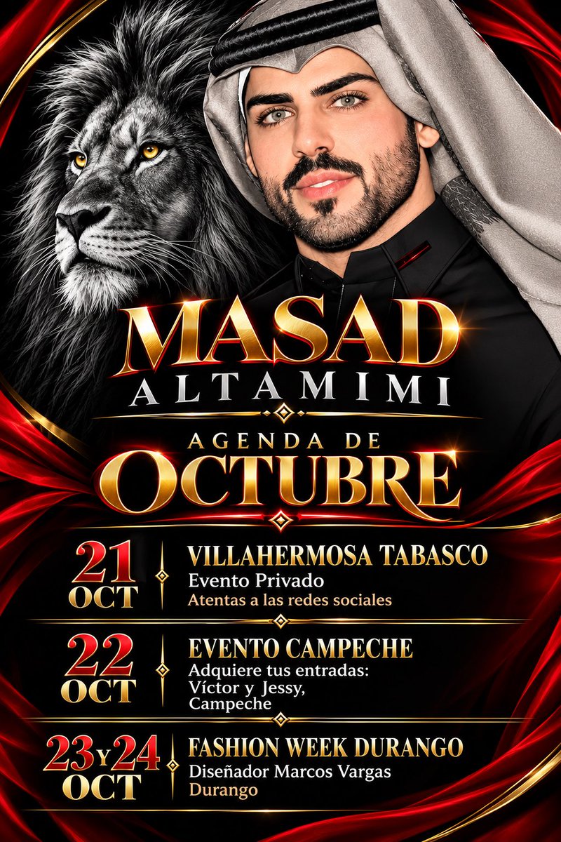 anamarcano07's tweet photo. Fechas de esta semana actividades de @Masad_Altamimi 

Villahermosa,Tabasco 21 oct. 2026 
Cuidad del Carmen Campeche 22 oct.
Durango 23 -24 de octubre 

#MasadAltamimi #TeamMasad https://t.co/DAIFUYHTwl