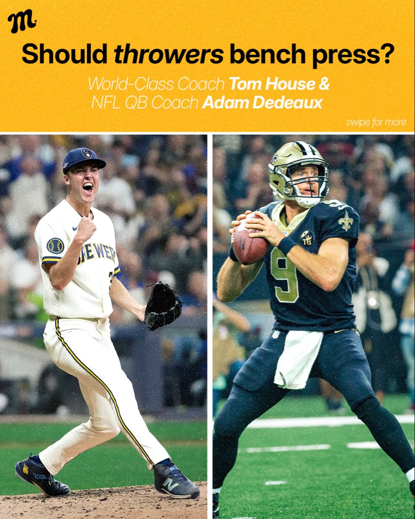 TeamMSTRD's tweet photo. Listen to NFL QB Coach Adam Dedeaux &amp; World-Class Coach Tom House give their advice on alternatives for bench pressing if you are a pitcher or quarterback 🏋🏻⚾️🏈 https://t.co/3z7CWs6dqg