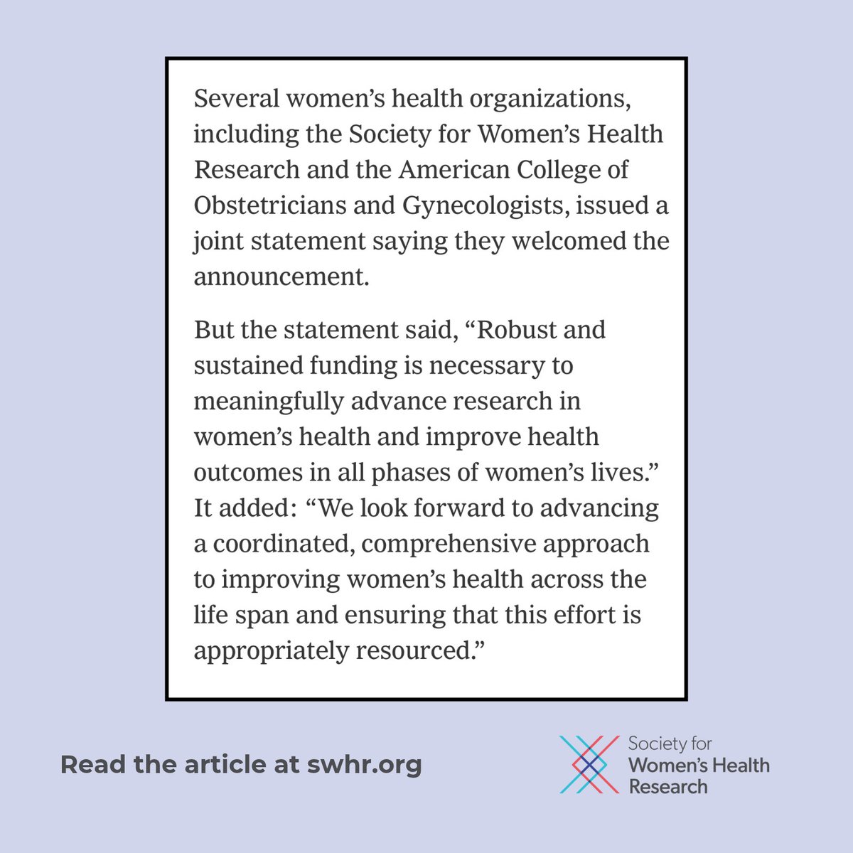 SWHR's tweet photo. In its coverage of the new executive order on women's health, @nytimes references the National Strategy to Close the Women's Health Gap from SWHR, @acog, and the Women First Research Coalition. 

Read the full article: https://t.co/Zz8WauEYWX #FundWomensHealth https://t.co/sDwteQke0y
