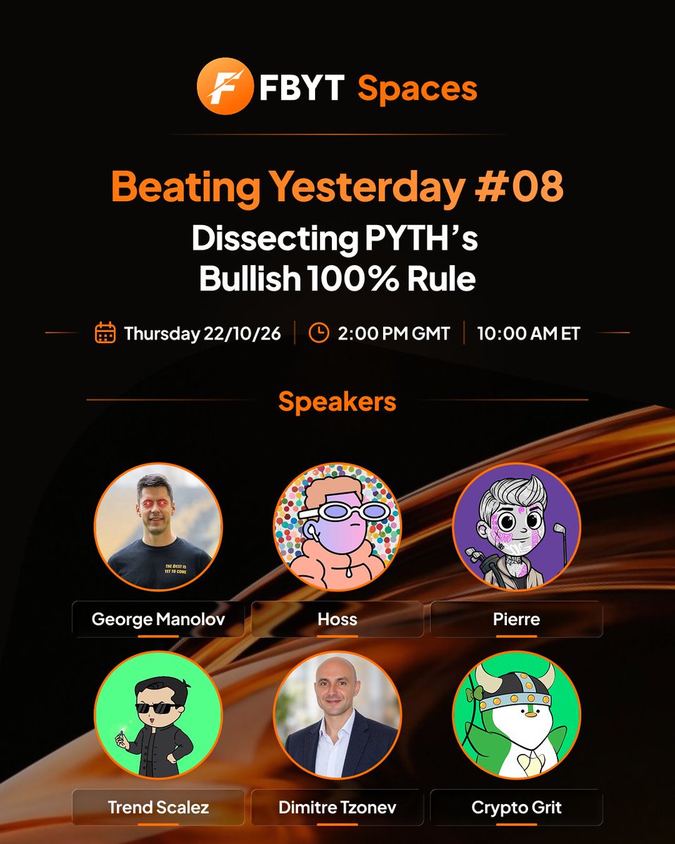FBYTio's tweet photo. Beating Yesterday returns for #08 🟠

📅 Thursday 22/10/26
🕘 10:00 AM ET / 2:00 PM UTC / 4:00 PM CEST

Dissecting PYTH’s Bullish 100% Rule

Most people trade onchain without thinking about where the prices come from. Pyth is one of the networks supplying that data.

Its DAO now uses 100% of the funds it receives from @PythNetwork products to buy solana:HZ1JovNiVvGrGNiiYvEozEVgZ58xaU3RKwX8eACQBCt3 for its Reserve.

Sounds bullish. How much buying does that mean today, and what happens when more tokens unlock?

Set your reminder 👇