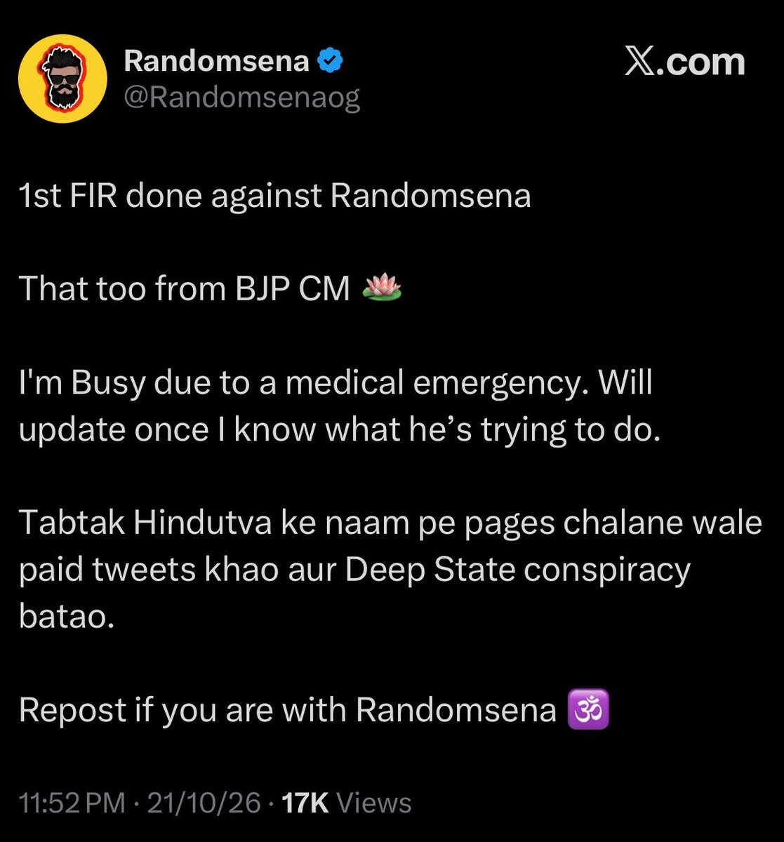 DikshaKandpal8's tweet photo. Random Sena’s new account has been suspended yet again. His last tweet was about an FIR filed against him by a BJP CM. https://t.co/dZLXBJIneK