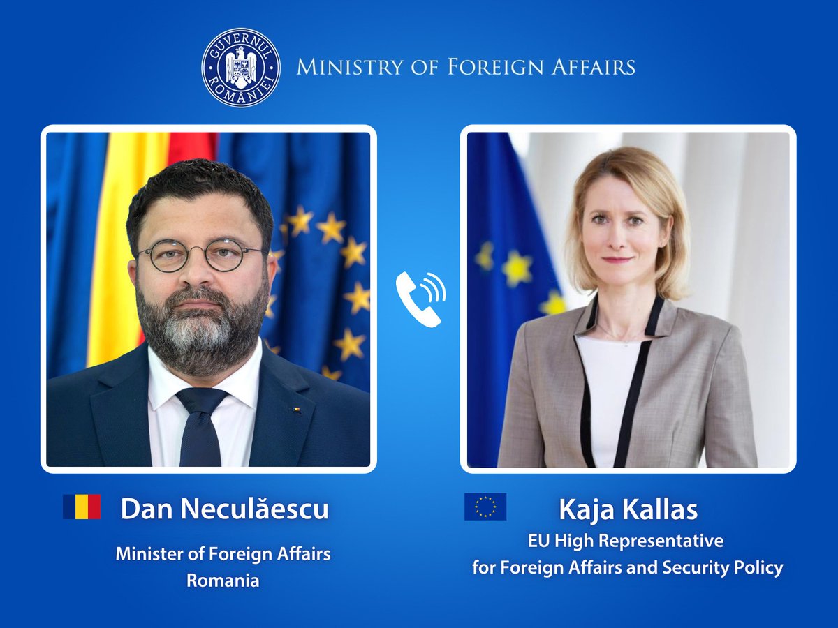 DanNeculaescu's tweet photo. A Foreign Affairs Council that delivers more means a stronger EU and a stronger Romania. Good exchange today with High Representative @kajakallas, including on Black Sea security. A swiftly operational Black Sea Maritime Security Hub is essential. Ukraine and the Republic of Moldova remain strategic priorities. 🇷🇴🇪🇺