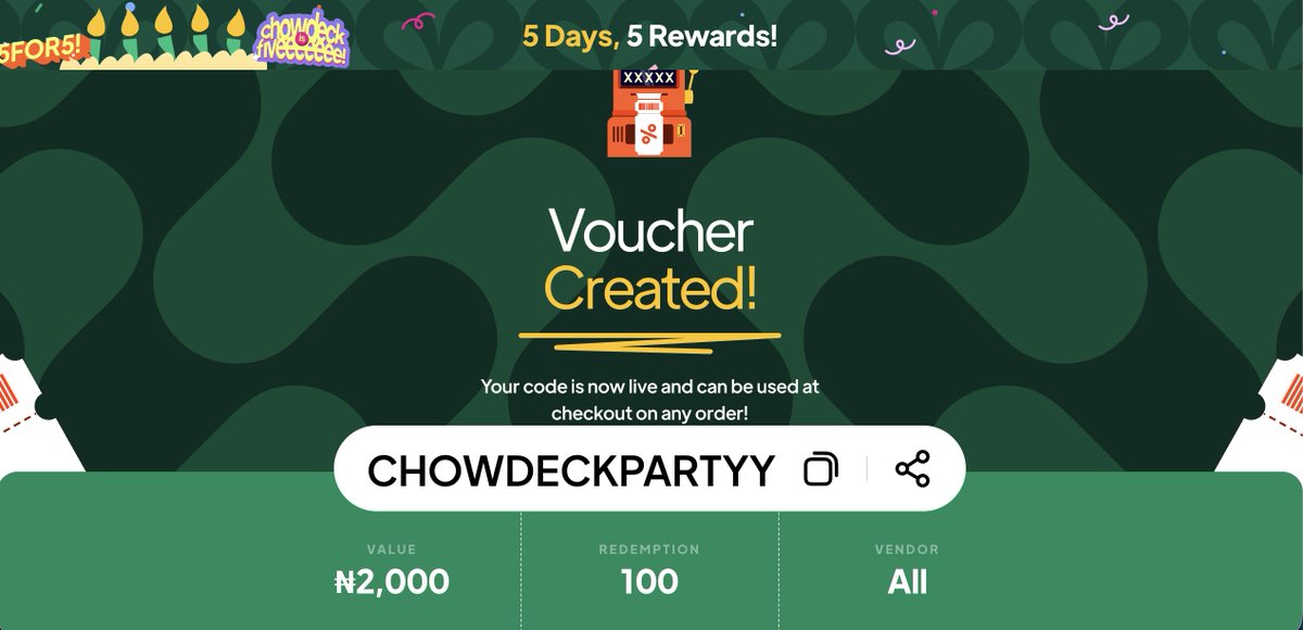 chowdeck's tweet photo. Apology voucher, Chowstarssssss
We're sorry for the delay 💚 https://t.co/92SgAG73K1