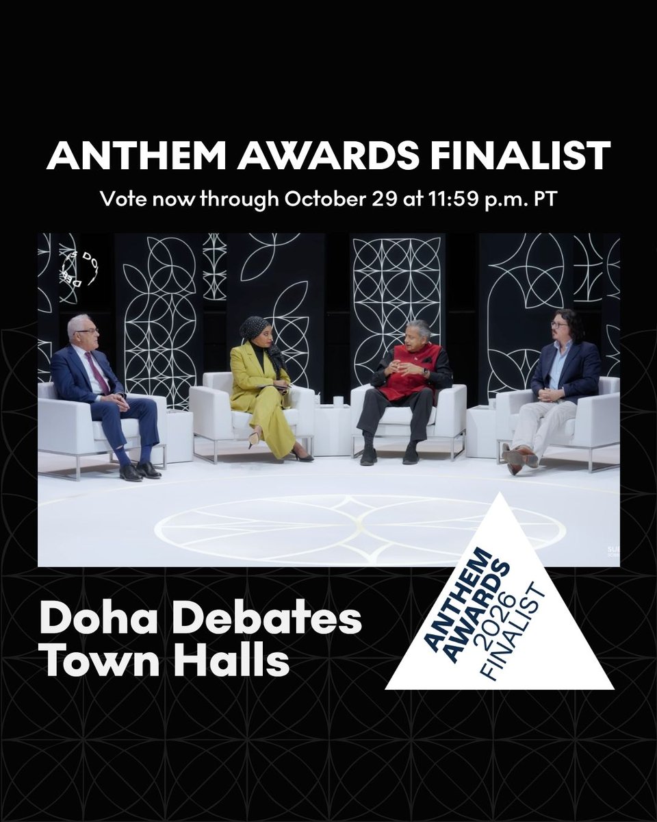 DohaDebates's tweet photo. We're a 2026 @anthemawards finalist!

Two of our town halls are nominated  and we'd love your vote.

“Is the nation-state still a meaningful foundation of identity?” and “Architecture and urbanism: How should we reinvent the city?” are both finalists in the Education, Art & Culture category.

Voting is open now through October 29 and takes less than a minute.

🗳️ Vote link in the comments 👇