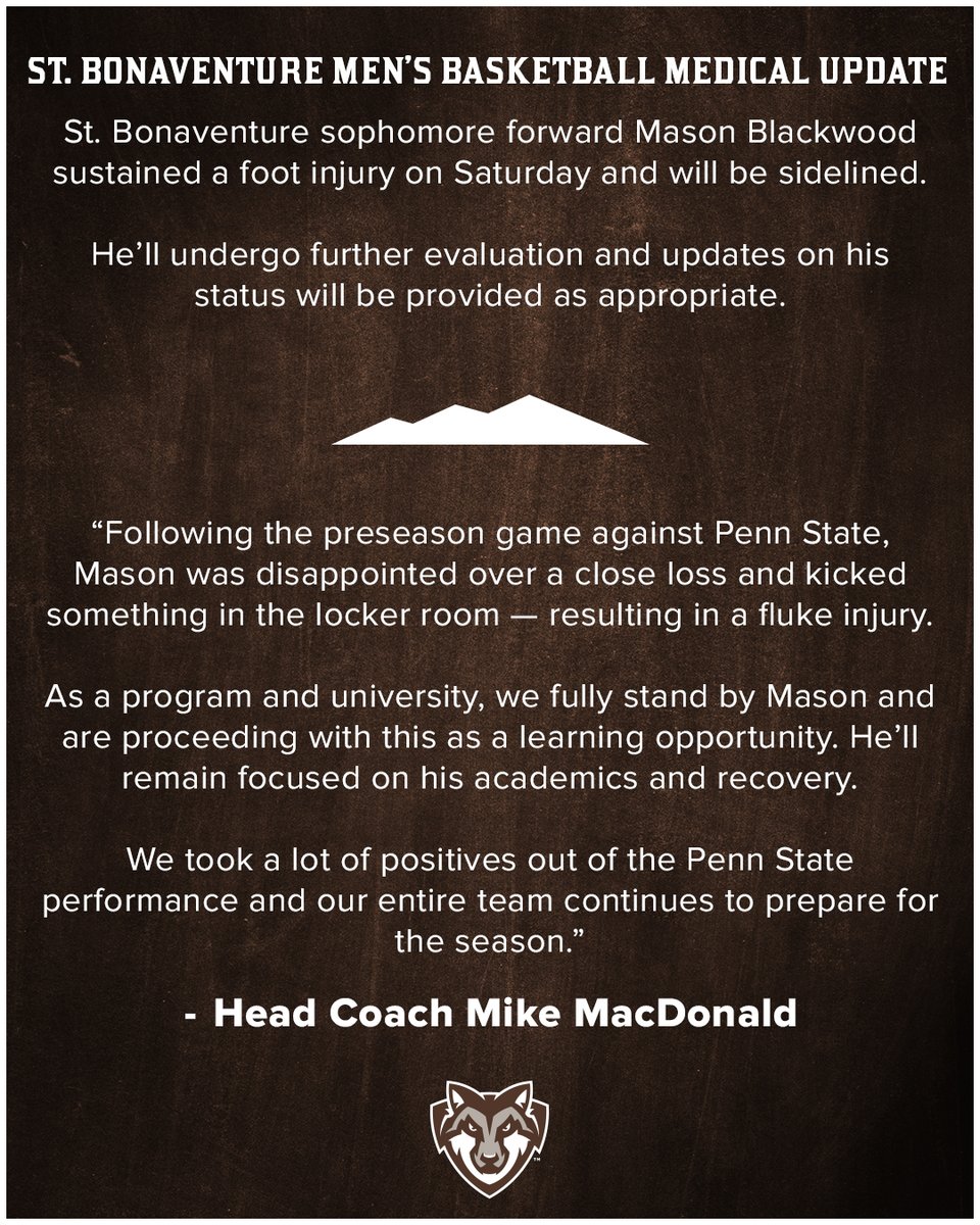BonniesMBB's tweet photo. St. Bonaventure Men’s Basketball Medical Update https://t.co/F0ZF6hNT2W