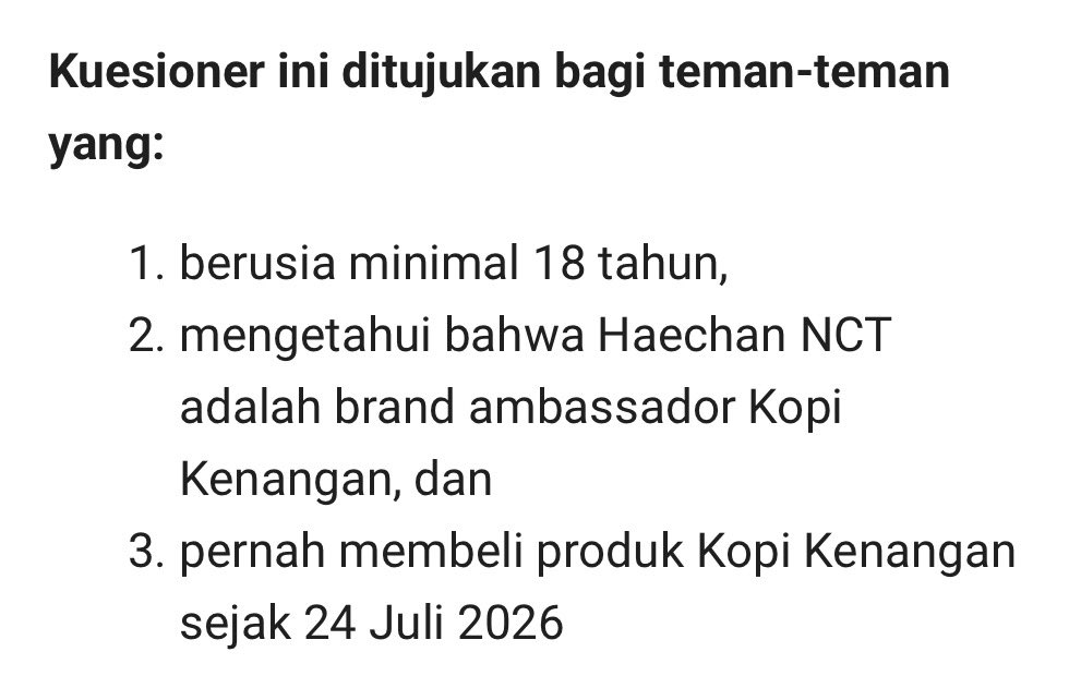 xiaojennyrim's tweet photo. Hallo semuanya 💚 
Boleh minta waktunya sebentar untuk isi kuesioner aku dengan kriteria yang tertera dalam foto? Karena aku butuh 100 responden dalam waktu dekat. Terima kasih 🙏🏻. 

Link kuesioner : https://t.co/w8gazDULtn

#KopiKenanganXHaechan #Kuesioner https://t.co/GwnR6qGyqY