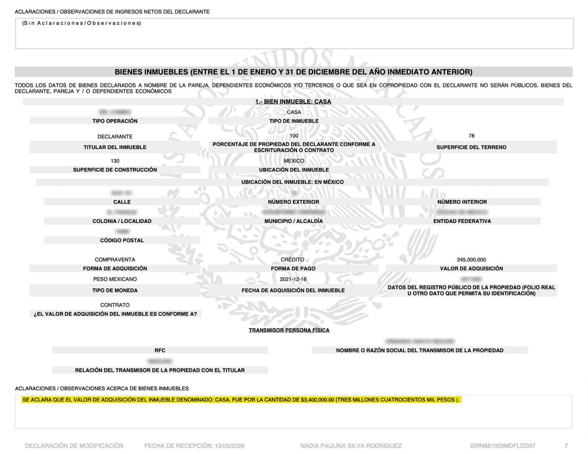 paus_silva's tweet photo. Jorge:

Otra vez, un dato falso. La cifra que mencionas no corresponde a la realidad ni a mi patrimonio. El acuse personal de mi declaración patrimonial incluye la aclaración sobre el valor real de adquisición del inmueble. Esta aclaración fue presentada ante las autoridades correspondientes. Adjunto el documento.

No caigamos en distorsiones ni desinformación.

@jorgegogdl