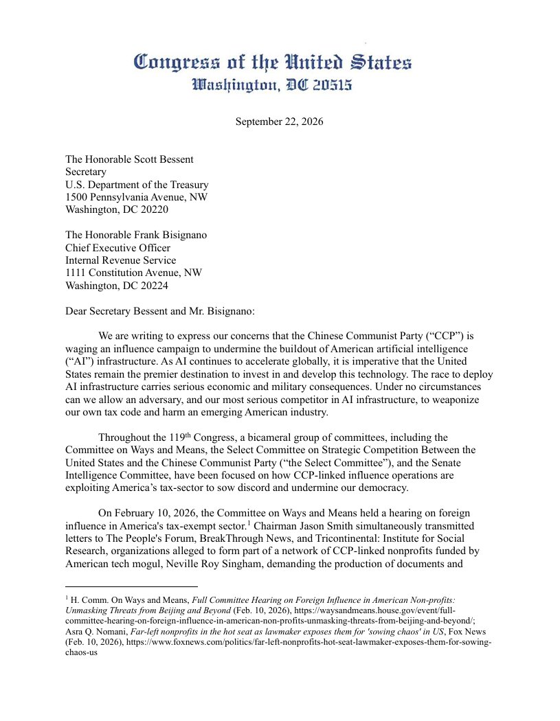ChinaSelect's tweet photo. CCP-linked nonprofit networks are exploiting U.S. laws to fuel division and anger in America’s public debates. Many are primarily funded by Neville Roy Singham, a U.S. citizen living in China who has funneled hundreds of millions of dollars into U.S. advocacy groups.

Last month, Chairman @RepMoolenaar and @RepJasonSmith sent a letter to @USTreasury, @SecScottBessent, and IRS CEO Frank Bisignano requesting an investigation into these organizations.