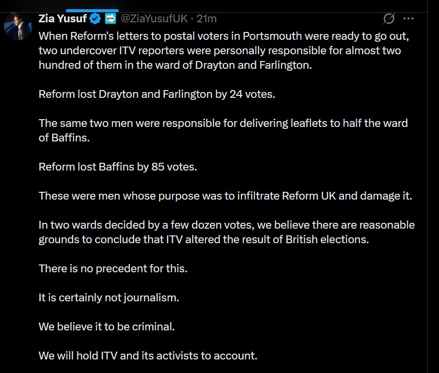 dave43law's tweet photo. Zia Yusuf crying saying the reporters cost Reform 2 seats

George Madgwick gloating to an MP that they helped win Reform 2 seats

The same council elections 4 different constituencies

If someone said rerun all 4 they would scream the City down https://t.co/VLQYwZuQPt