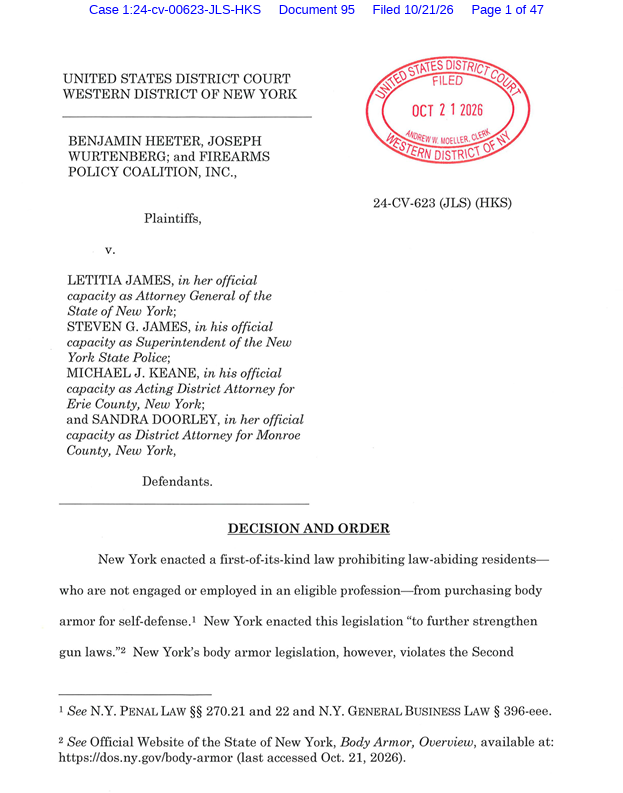 scotus_wire's tweet photo. NEW: Judge Sinatra Jr. ruled that New York's ban on purchasing body armor violates the Second Amendment, finding that bulletproof protective gear qualifies as an "arm" under the Constitution and that the state failed to justify its restrictions under historical tradition. https://t.co/w0wl6VpE6F