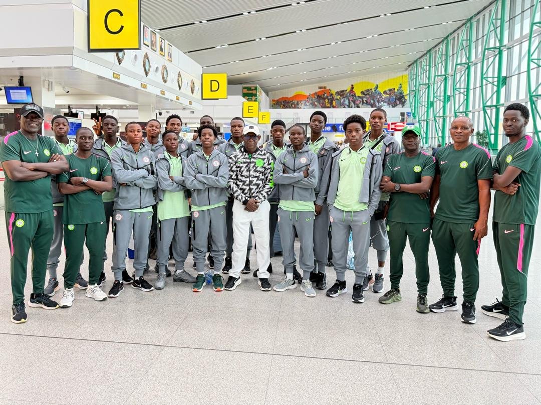 thenff's tweet photo. Nigeria's U15 boys team, The Future Eagles at the airport on their way to Azerbaijan for the @FIFAcom U15 Footba Fiesta 2026.

All the best lads! https://t.co/ZJb6BZMLjQ