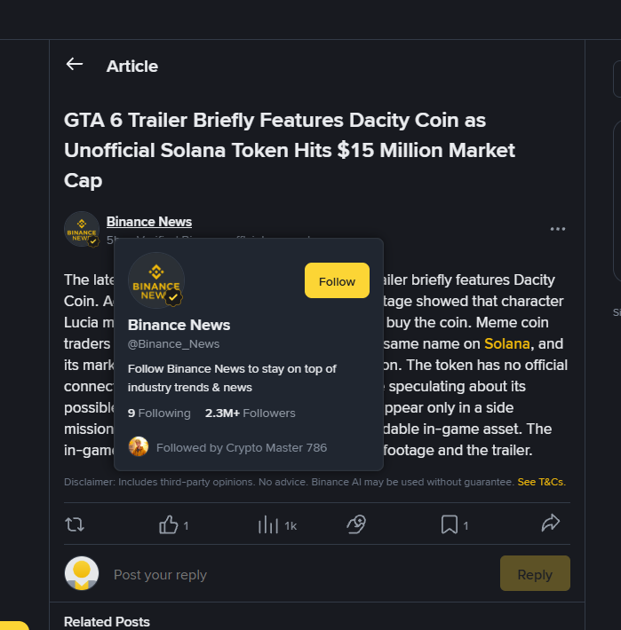 thebestonchain's tweet photo. The fact that $Dacity is mentioned inside the Binance app by official Binance News is just too good at the moment. HOLY MOLLY! https://t.co/nP2JwWVh2B