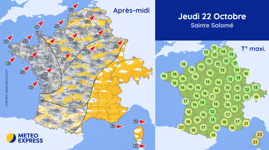 MeteoExpress's tweet photo. 🌦️ Ce jeudi : averses &amp; vent sensible au nord-ouest. Soleil des frontières de l'est à la Méditerranée. ➡ https://t.co/3SZnwKCAD7 https://t.co/568rpWvhYr