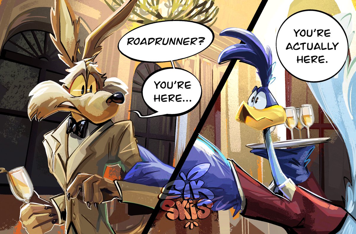 sik_skis's tweet photo. My take on this DTIYS challenge. THEY'RE SO PRECIOUS I LOVE THEM SO MUCH!!!! (I'm way too invested in this comic)😭🩷🩷

#looneytunes #roadrunner #coyotevsacme #wileroad #wileecoyote https://t.co/d7MXISwy8a