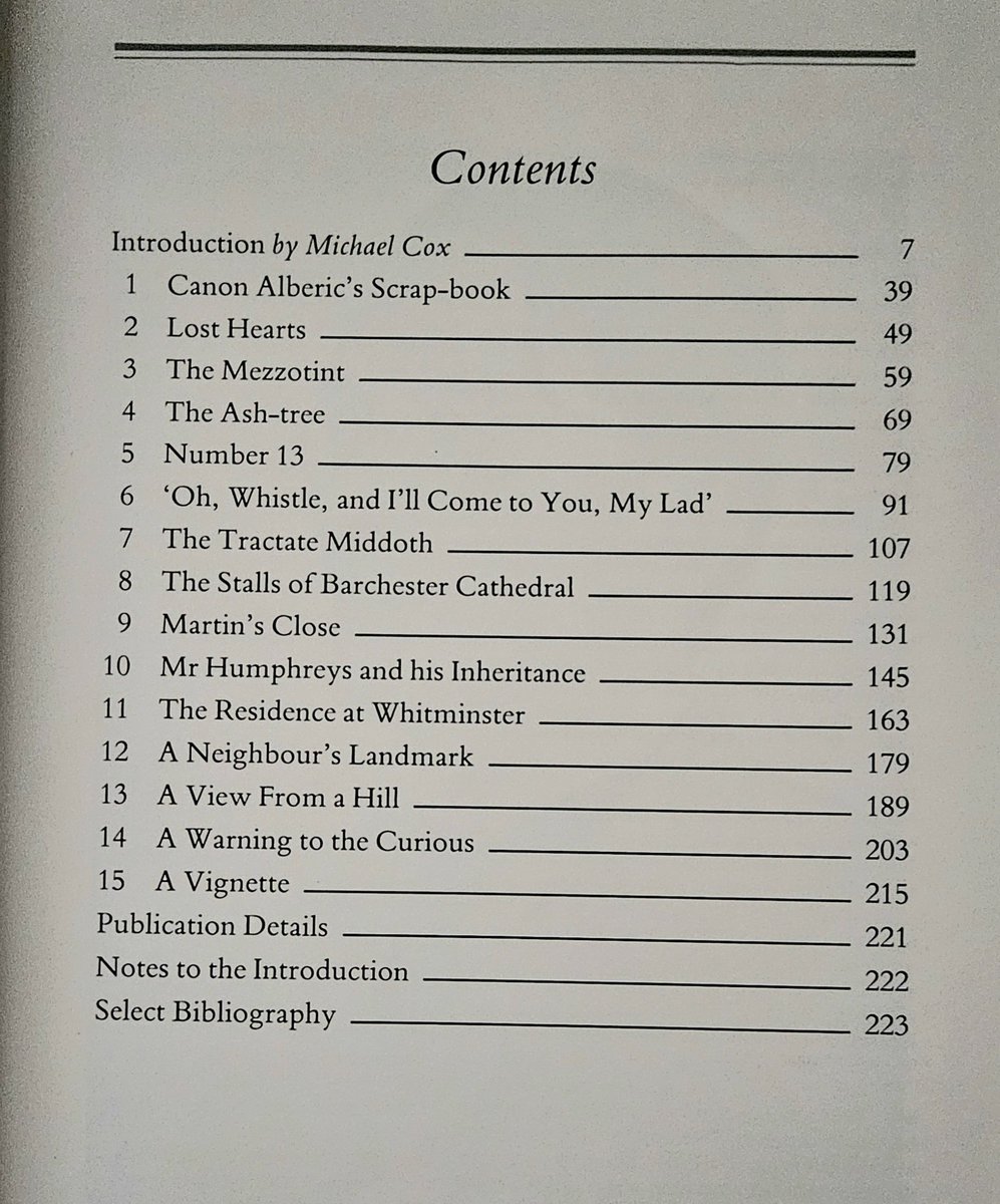 VeraCausa9's tweet photo. Table of Contents for 'The Ghost Stories of M. R. James', selected &amp; introduced by Michael Cox-illustrated by Rosalind Caldecott-Oxford University Press 1987. 

The stories in this edition by medievalist M.R. James were published between 1895 &amp; 1936. https://t.co/yIl1INoVat