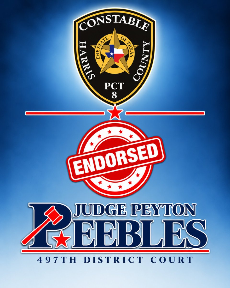 PeeblesFor497's tweet photo. Honored to earn the endorsement of Harris County Precinct 8 Constable's Office Constable Phil Sandlin!

Precinct 8 emphasizes integrity, professionalism, public safety, equal enforcement of the law, and service without bias. https://t.co/c0EnFUfOcO