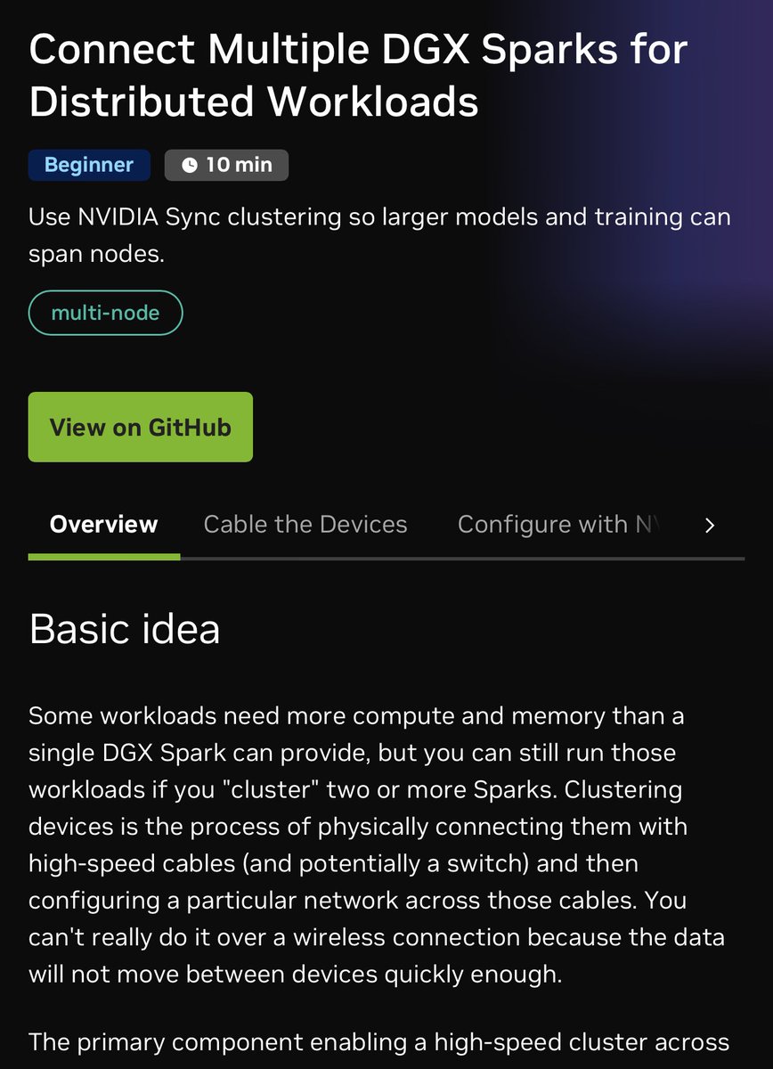 TeksEdge's tweet photo. Nvidia lets you build a 1TB Local AI cluster out of DGX Sparks.

& Nvidia has a playbook for AI clustering them.

8 × DGX Spark
🧠 128GB each
↓
🔥 1TB unified memory across the cluster

Nvidia now officially supports manually configured clusters of up to 8 x DGX Sparks using their built-in ConnectX-7 networking.

And Nvidia says that 1TB is enough to run frontier-class models like GLM-5.3 locally.

They specifically call out
🧠 larger models
📚 longer contexts
🤖 multiple concurrent agents
👨‍💻 multiple developers sharing one local backend
⚙️ distributed development

They list models such as
→ GLM-5.3 Flash
→ DeepSeek V4 Flash
→ Qwen3.8 Flash Next

And later this month Nvidia Sync Model Launcher is supposed to make it easier.

Link in ALT