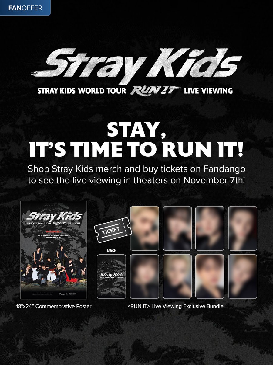 Fandango's tweet photo. Shop Stray Kids merch and experience Stray Kids’ RUN IT show on the big screen in theaters November 7! See more here👇
https://t.co/MRPdog8BYg https://t.co/r7UYeUgASo