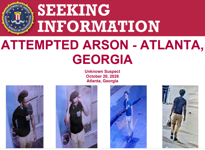 FBIMostWanted's tweet photo. The #FBI offers a reward of up to $20,000 for information leading to the identification and arrest of the unknown individual responsible for an attempted arson at the Department of Homeland Security building, located at 180 Ted Turner Drive in Atlanta, Georgia, at approximately 8:14 p.m. on Tuesday, October 20, 2026: https://t.co/oFXUSJ1I0m