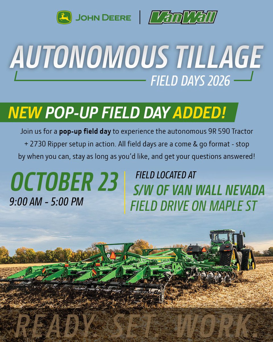 vanwall's tweet photo. Another pop-up field day is headed your way! 🚜 Don't miss your chance to witness the future of farming in action. We'll have our autonomous 9R 590 tractor + 2730 ripper running just southwest of our Nevada location THIS Friday (10/23). https://t.co/GkQJSZpCNZ