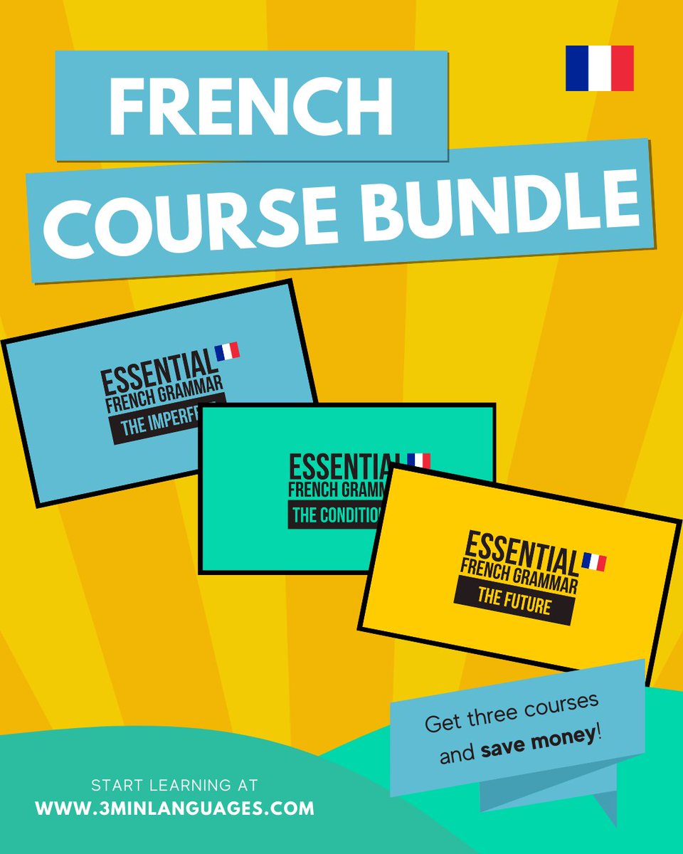 3MLanguages's tweet photo. Bonjour 🙂🇫🇷

Get my Essential French Grammar Bundle (Conditional, Imperfect &amp; Future) — make key tenses simple and save money.

Bundle 👉 https://t.co/vXdeOqB1Tk 

All my French courses: https://t.co/OqkdEn4lb0 

#Frenchgrammar https://t.co/i4BS5iH0ZV