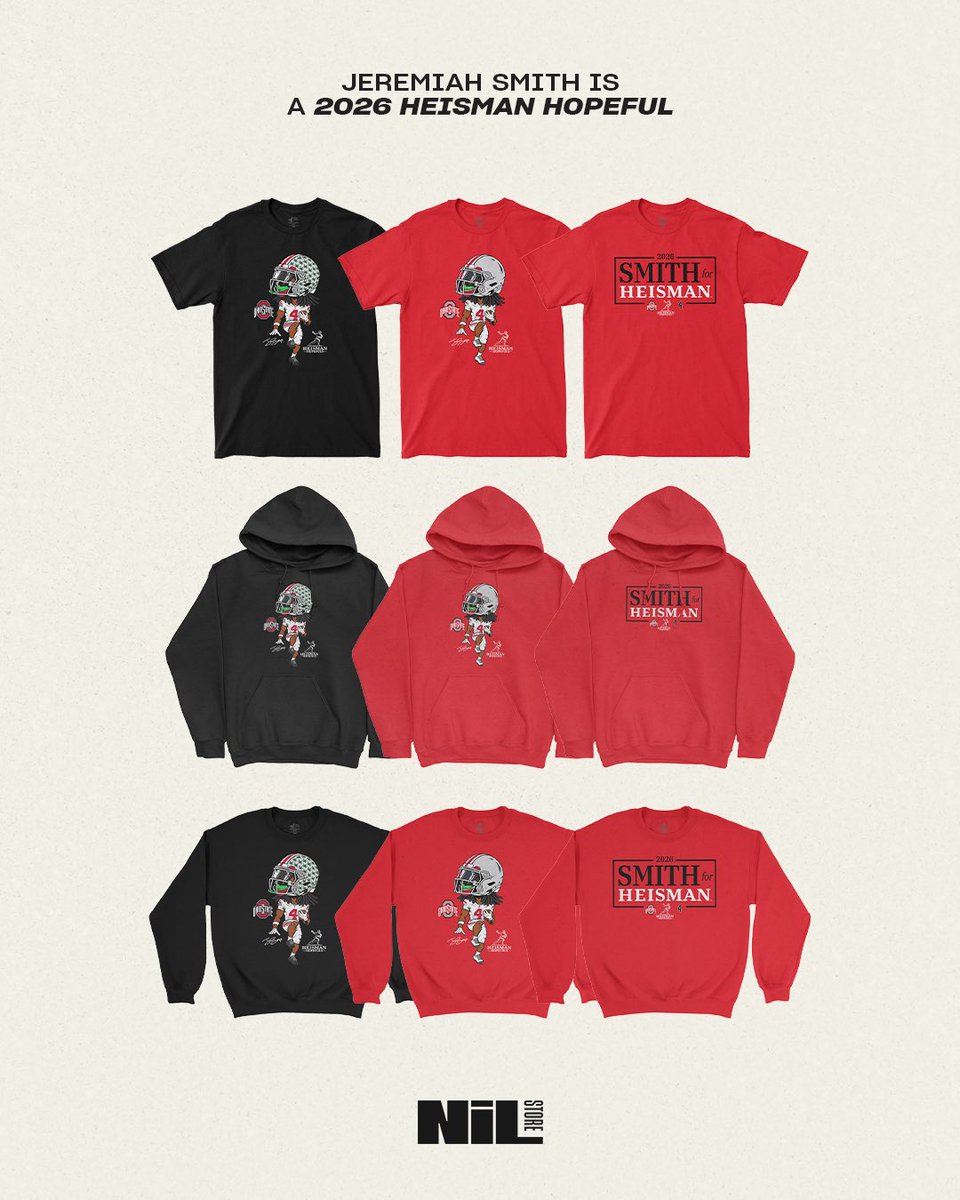 AndrewMLind's tweet photo. My friends at @TheNILStore just launched Jeremiah Smith's "Heisman Hopeful" collection, with shirts, hoodies and crewnecks featuring the Ohio State superstar striking the pose!

Use code LIND at checkout or click the link below to get 10% off and he'll get a portion of each sale:

🔗: https://t.co/yYRU0k5CZR #ad