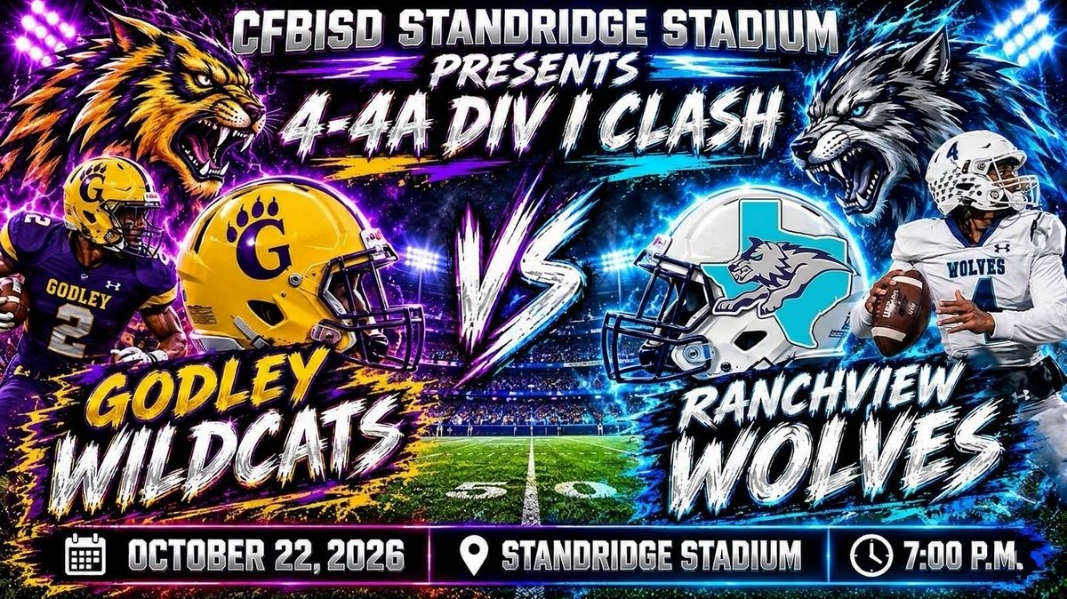 RamirezCoach's tweet photo. 🚨🚨🚨We get to welcome back the @RHSWolfpackFB back to @cfbisd Standridge Stadium to host the Godley Wildcats.  
🏟️Standridge Stadium
📅 October 22, 2026
⏰7PM
🎟️Get your tickets before noon! https://t.co/b8LI4WBmnm
Let's Go Hunt Wolves! https://t.co/Q1PbO6dUId