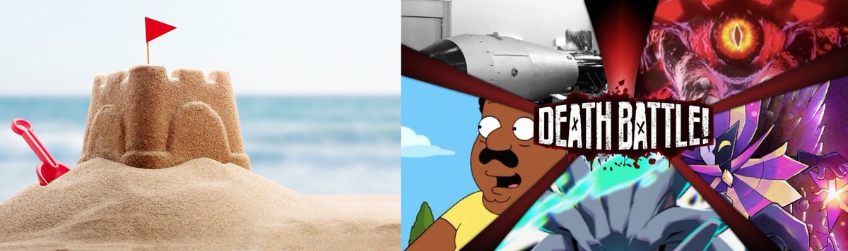 DeathBattleBot's tweet photo. DEATH BATTLE of Building Sandcastles! Hydrogen Bomb AND Black Doom VS Cleveland Brown VS Silver VS Dimentio https://t.co/4l48sidLzS