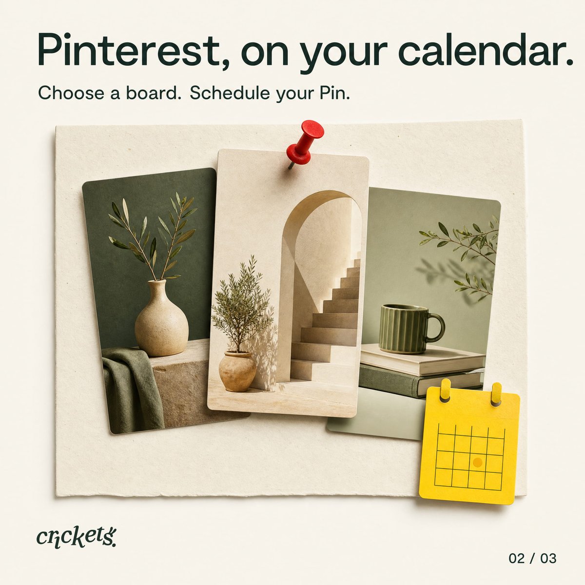 cricketssocial's tweet photo. Two new places to show up: Pinterest + Threads are now in Crickets.

Publish now or schedule ahead, then check your post stats alongside your other channels.

A few more options. The same calendar.
https://t.co/MtOhx1PkW9

#SocialMediaManagement #ContentScheduling #PinterestMarketing #ThreadsApp