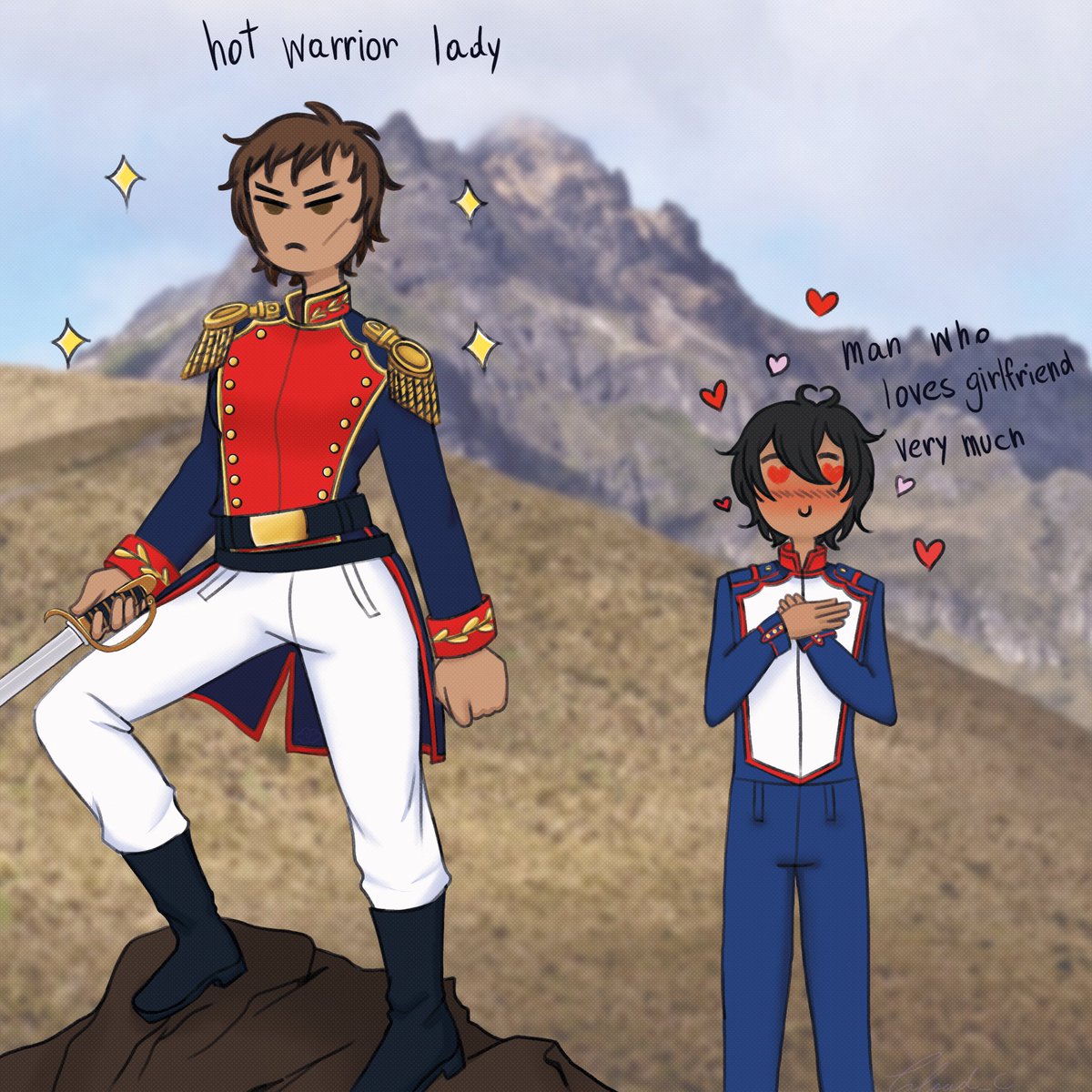 Cloud_C030's tweet photo. Día 1 de #EcuPerWeek2026, y vengo con curis y una curiosidad 👀. Durante la independencia en Ecu hubo mujeres que se travistieron para combatir pese a el riesgo de ser metidas presas, sooo Pancha enamorando a Miguel así? why not!? #EcuPer #LatinHetalia #lhecuador #lhperu https://t.co/7wRH9OmkBc