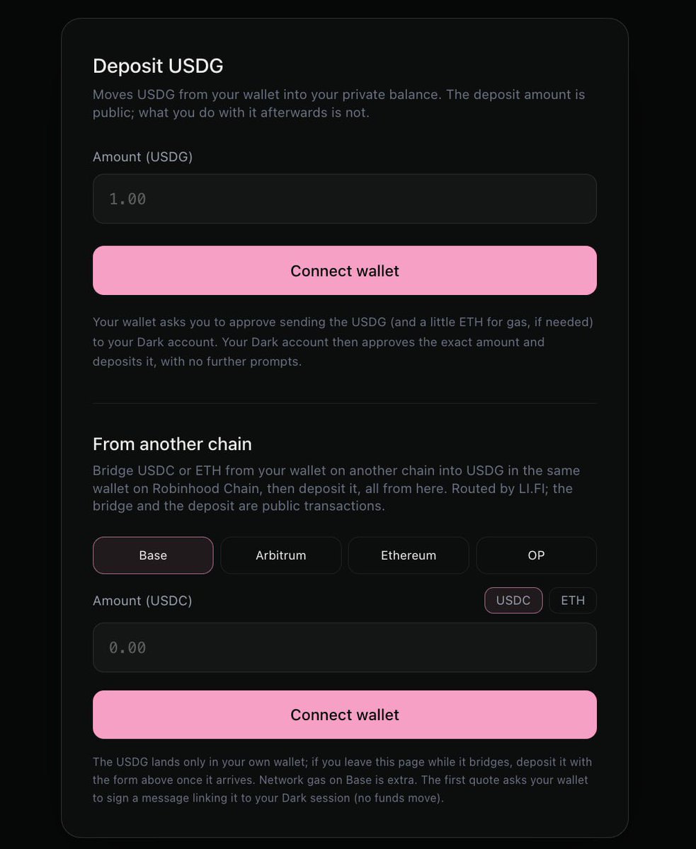 DarkWalletRH's tweet photo. Deposit from any chain is live on Dark.

Move USDC or ETH from Base, Arbitrum, Ethereum or Optimism straight into your private balance on Robinhood Chain. 

One screen, about a minute.

https://t.co/31FWiLHLUp https://t.co/IkSnYRYmrk