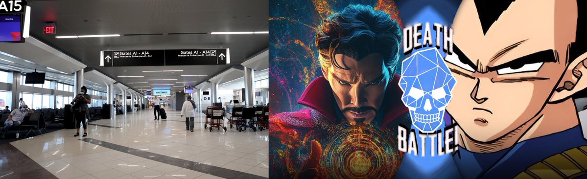 DeathBattleBot's tweet photo. DEATH BATTLE in an Airport! Doctor Strange VS Vegeta https://t.co/EjYlprT6Ff