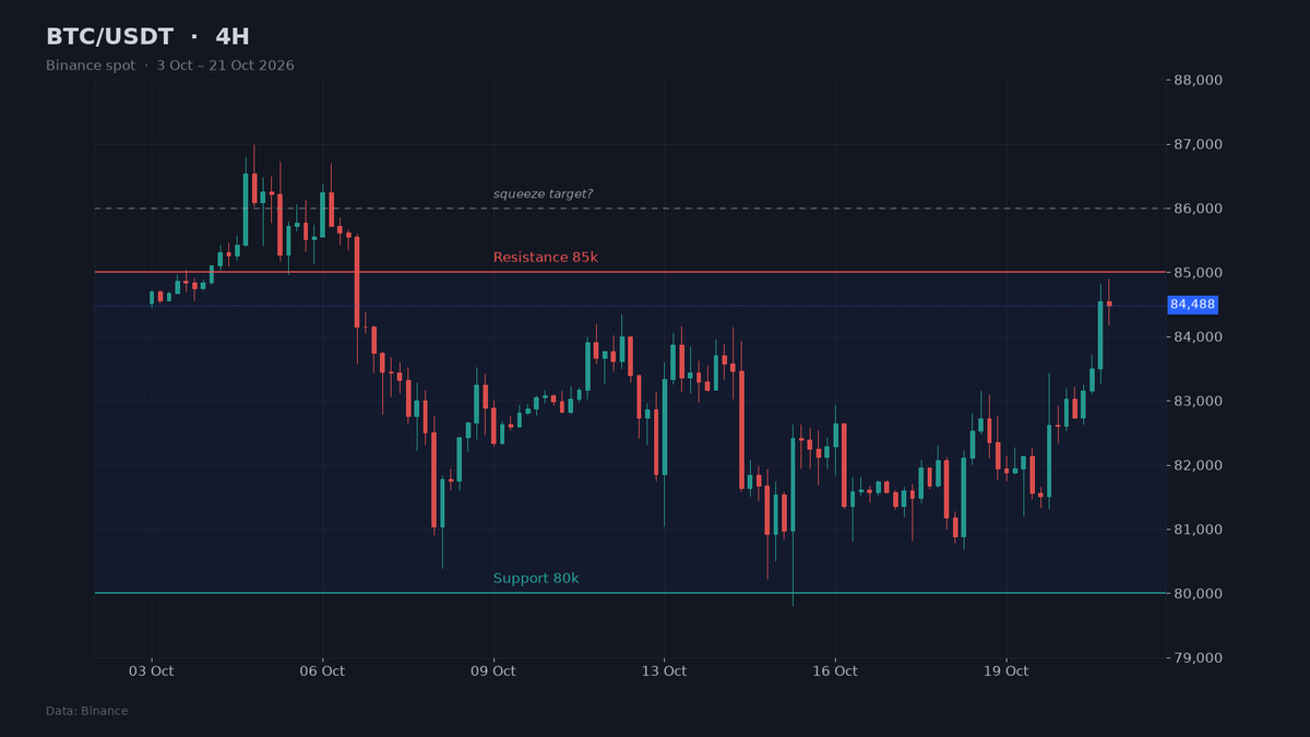 0xy010's tweet photo. BTC sitting right under 85k after two weeks of 80-85k chop. Shorts reportedly stacked above 85k. Will they get squeezed into 86k+ or this range keeps eating both sides? 

I'm waiting for a daily close above 85k before I believe it. Wicks don't count. https://t.co/HoffnmpS5X